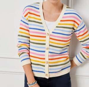 Talbots 100% cotton Ribbed V-Neck Cardigan - Multi Stripe